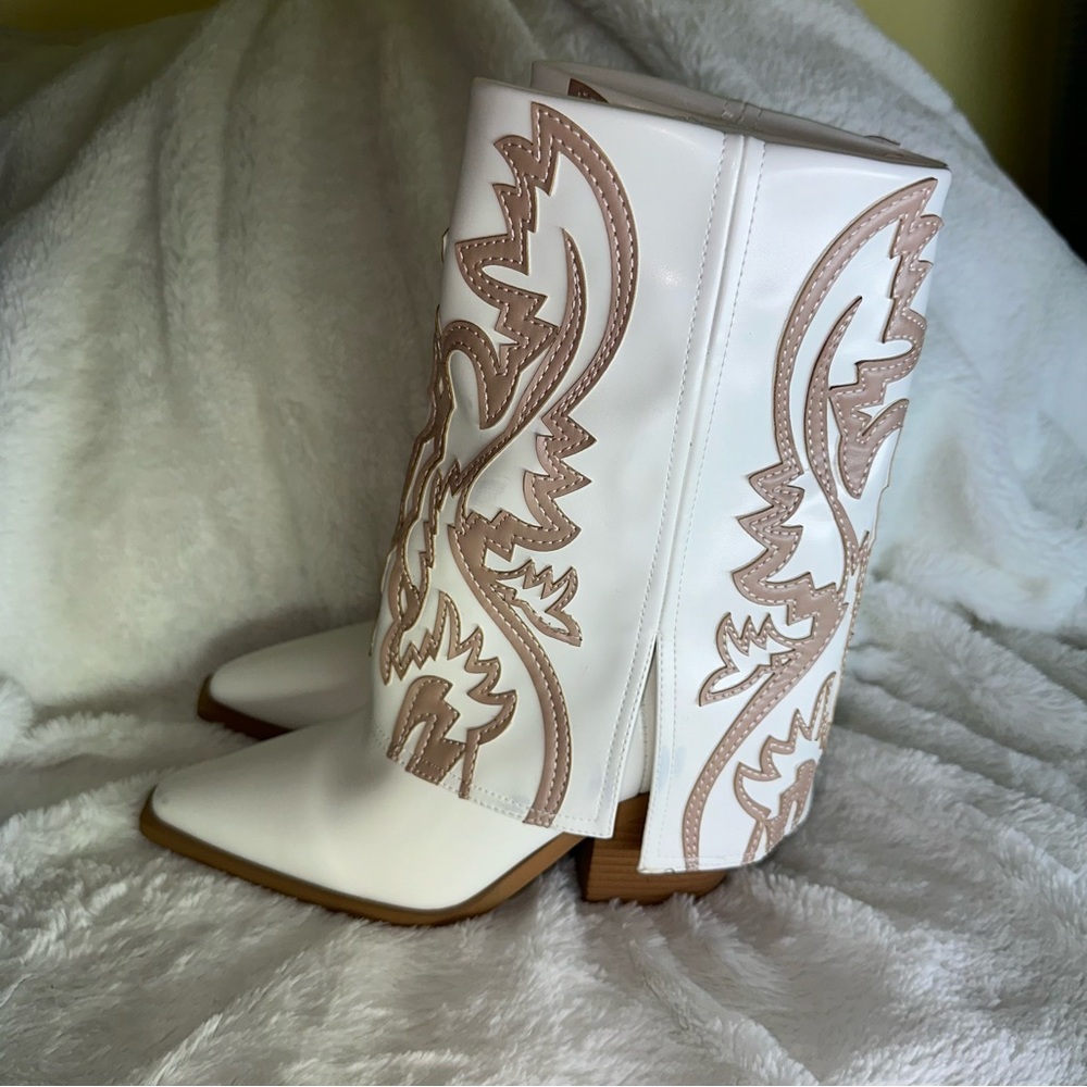 Azalea Wang Esperanza Cowboy Heeled Boot White Beige 6 Bohemian Country Concert - Picture 8 of 14